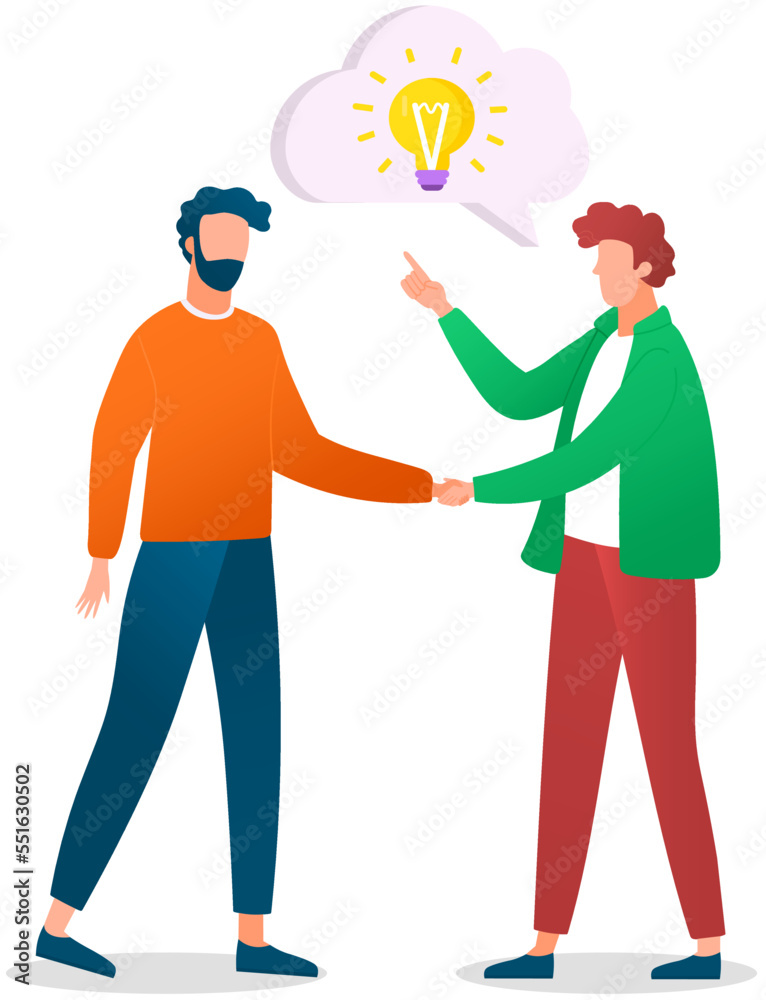 Partnership, cooperation concept. Men shaking hands after signing contract agreement. Meeting of partners or friends for new idea, creative solution. Male colleagues closing deal, discussing startup