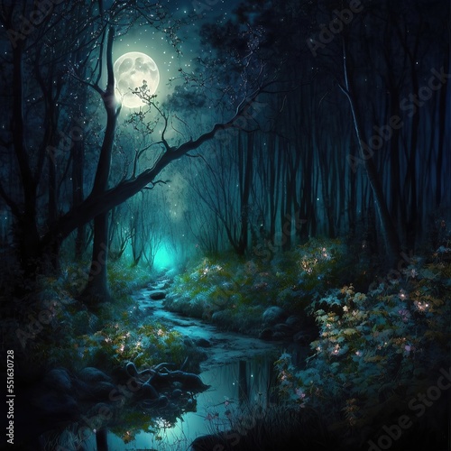 Fairy-tale night forest with bizarre trees in the form of an arch, moonlight, magical, mysterious forest. AI