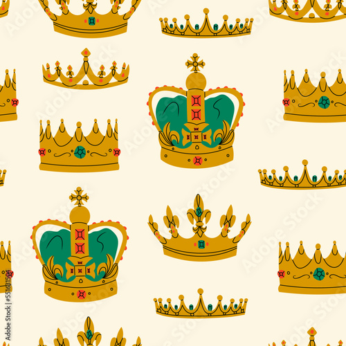 Set of golden Crowns. Jewel headdress. Symbol of princess, king, prince and queen. Royal, aristocratic, coronation, monarchy concept. Hand drawn Vector illustration. Square seamless Pattern