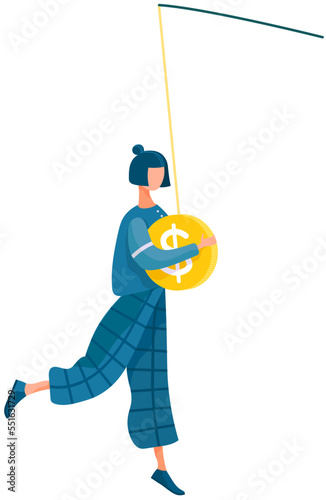 Marketing move, trick, publicity stunt, girl make money. Money income concept. Girl with coin hanging on fishing rod. Teenager with dollar coin, profit and salary. Woman walks holds money, lucky catch