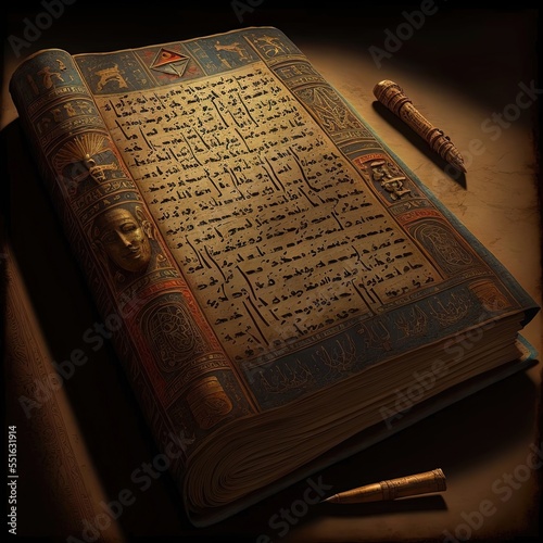 Ancient Egyptian book of the dead. Fantasy book, black book with mummies. AI