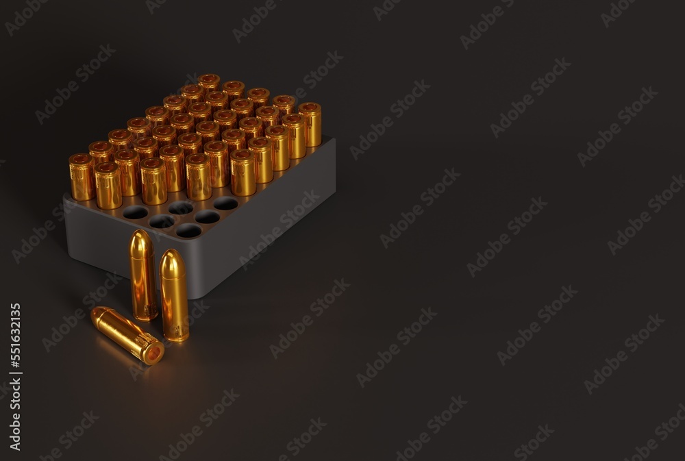 Bullet gun on a dark background. Weapons and ammunition concept. Different cartridges for pistol, rifle. Access to firearms. 3D render, 3D illustration. Bullet gun on a dark background. Weapons and ammunition concept. Different cartridges for pistol, rifle. Access to firearms. 3D render, 3D illustration.