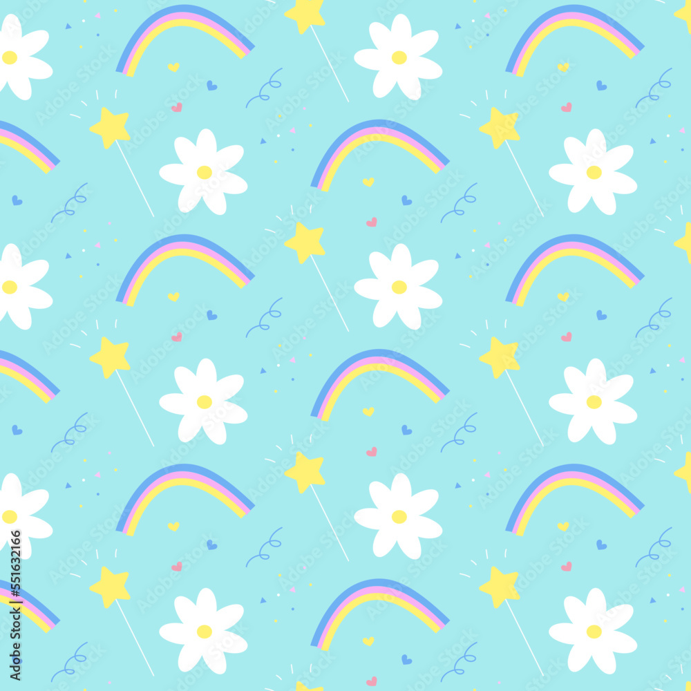 seamless pattern with flowers, rainbow and magic wand
