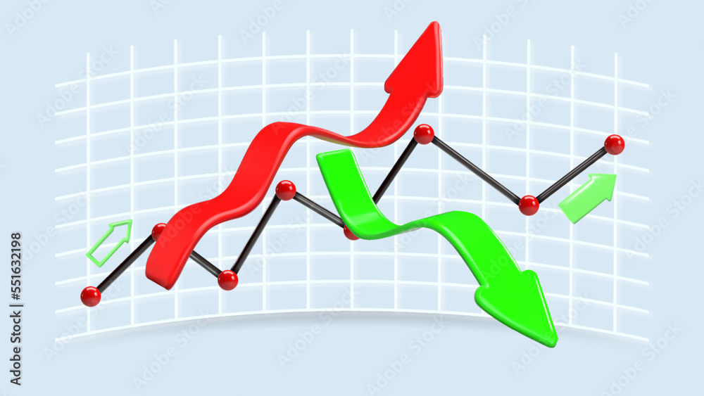 Growth chart. Trade arrow. Stock price chart. Realistic 3D design, vector render. Change in value. Exchange trading. Annual and quarterly profit report. Growth chart. Trade arrow. Stock price chart. Realistic 3D design, vector render. Change in value. Exchange trading. Annual and quarterly profit report.