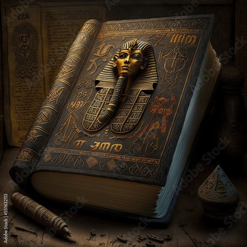 Ancient Egyptian book of the dead. Fantasy book, black book with mummies. AI photo