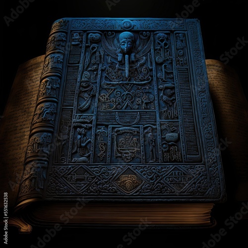 Ancient Egyptian book of the dead. Fantasy book, black book with mummies. AI