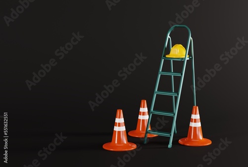 Ladder, construction helmet. Concept of renovation, preparing something, building. Warning against road and construction works. Renovation of an apartment, house. Under construction. 3D render.