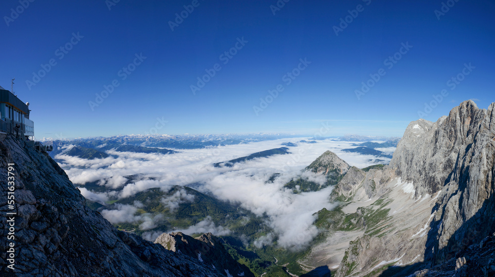 Amazing wide open panoramic view from Dachstein Peak in Austria. Near Schladming and Ramsau. Highest Peak in Upper Austria and Styria