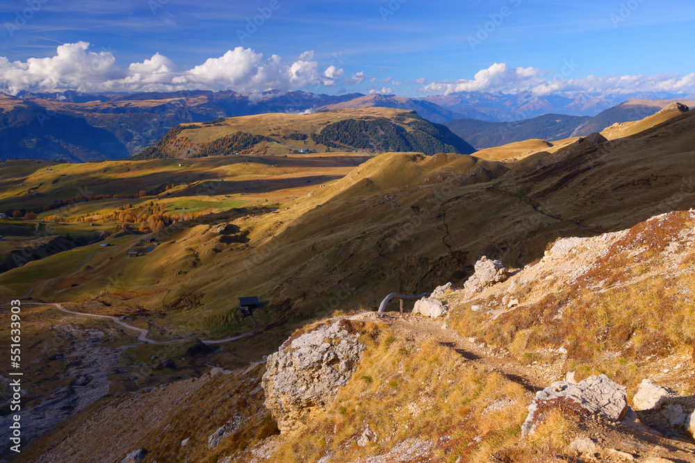 Alpine fields of Seiser Alm (Alpe di Siusi) in autumn colours. Trentino Alto Adige, South Tyrol, Italy, Europe Alpine fields of Seiser Alm (Alpe di Siusi) in autumn colours. Trentino Alto Adige, South Tyrol, Italy, Europe