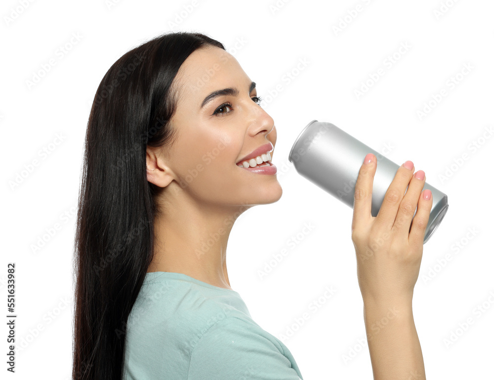 Beautiful happy woman holding beverage can on white background Beautiful happy woman holding beverage can on white background