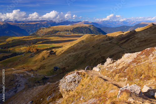 Alpine fields of Seiser Alm (Alpe di Siusi) in autumn colours. Trentino Alto Adige, South Tyrol, Italy, Europe