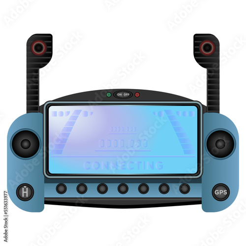 Quadcopter remote controller in realistic style. Blue Drone with camera.
