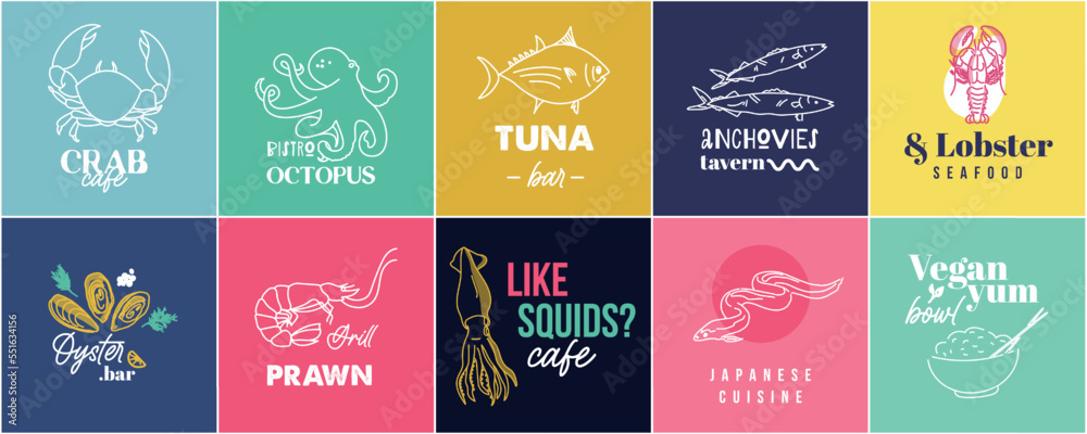 Colourful logo set with seafood for oyster bar, fish restaurant, tavern, bistro. Image with octopus, lobster, fish, anchovy, tuna, squid, prawn, shrimp, mussel. Vector illustration in hand drawn style