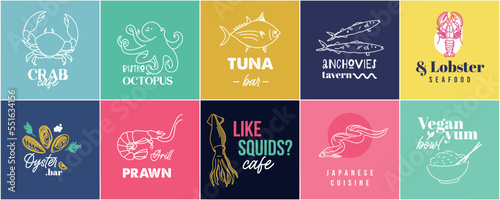 Colourful logo set with seafood for oyster bar, fish restaurant, tavern, bistro. Image with octopus, lobster, fish, anchovy, tuna, squid, prawn, shrimp, mussel. Vector illustration in hand drawn style
