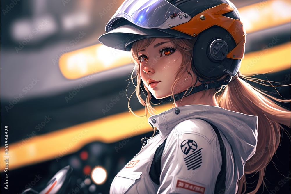 Cute anime girl with motorcycle helmet Stock Illustration