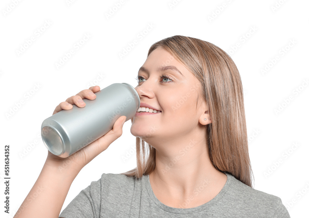Beautiful happy woman drinking from beverage can on white background Beautiful happy woman drinking from beverage can on white background