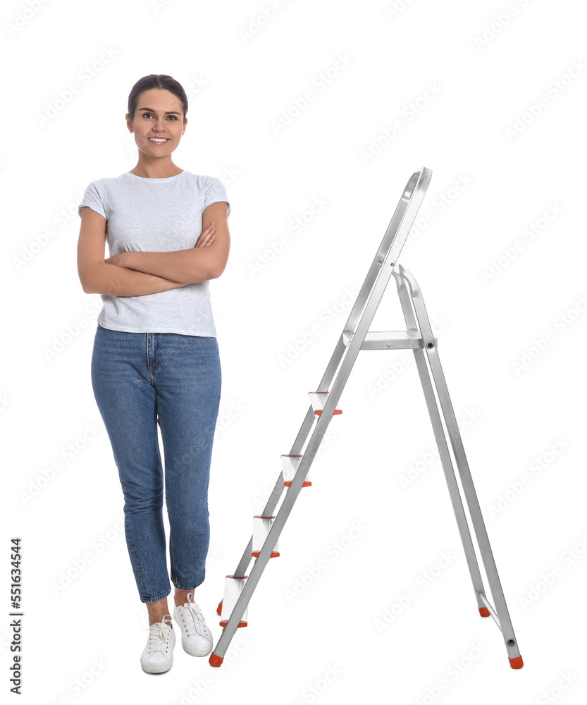Young woman near metal ladder on white background Young woman near metal ladder on white background