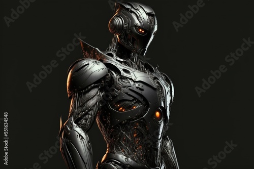 Black robot android cyborg isolated on black background. Futuristic character design, profile view.