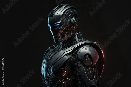Black robot android cyborg isolated on black background. Futuristic character design, profile view.