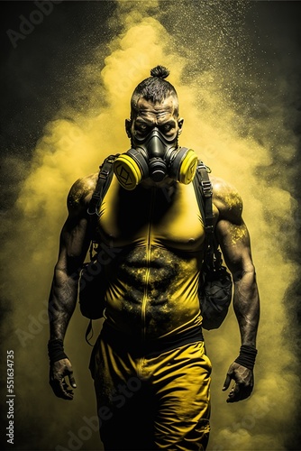 Black and yellow bobybuilder man in gas mask. Muscles and smoke.