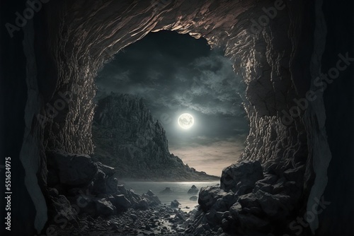 View from seaside cave on moonlit night