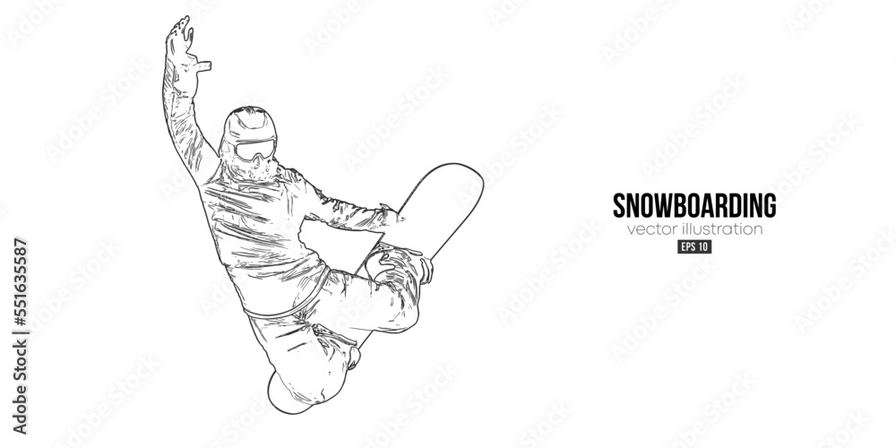 Fototapeta premium Abstract silhouette of a snowboarding on white background. The snowboarder man doing a trick. Carving. Vector illustration
