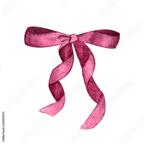Watercolor illustrated of bright silk pink bow isolated on white background. Girly ribbon decoration. Hand drawn
