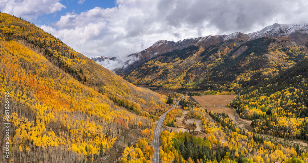 Golden Autumn Aspen trees on the Million Dollar Highway in the Rocky Mountains - Colorado 