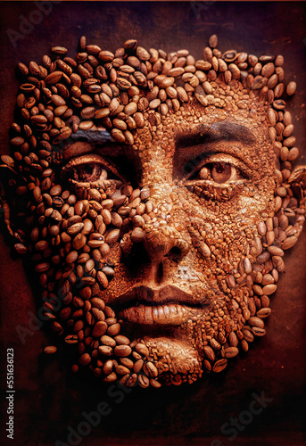 Generative AI render of a mockup human head made of coffee beans
