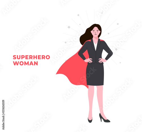 Strong business woman with a shadow imagining to be a super hero looking aspired. Young professional manager. Office achievement victory concept. Waving cape. Flat vector illustration Simple style.
