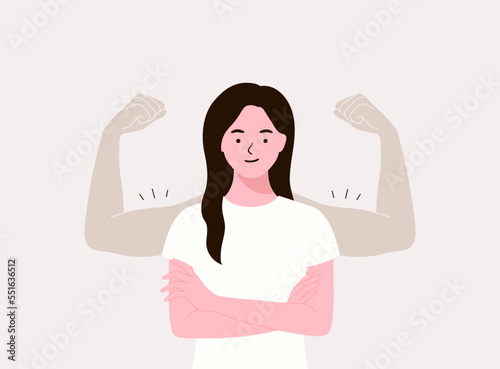 Strong woman. Cute girl and muscle arms behind her. Independence, self mind and business. Confident lady. Successful self-made lady show strength and leadership. Flat vector illustration Simple style.