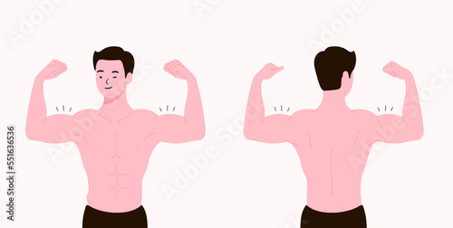 Man show off his muscle. Fitness model in the gym. Male character with great muscles. Bodybuilding. Boy physics pose. Bodybuilder. Athlete. Powerlifters. Flat vector illustration Simple style.