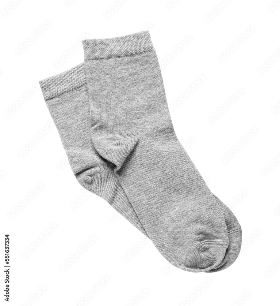 Pair of grey socks isolated on white, top view Pair of grey socks isolated on white, top view
