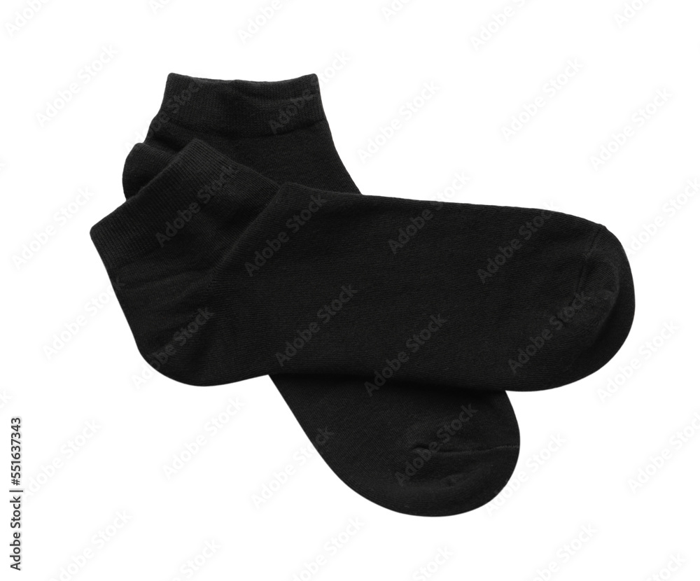 Pair of black socks on white background, top view Pair of black socks on white background, top view