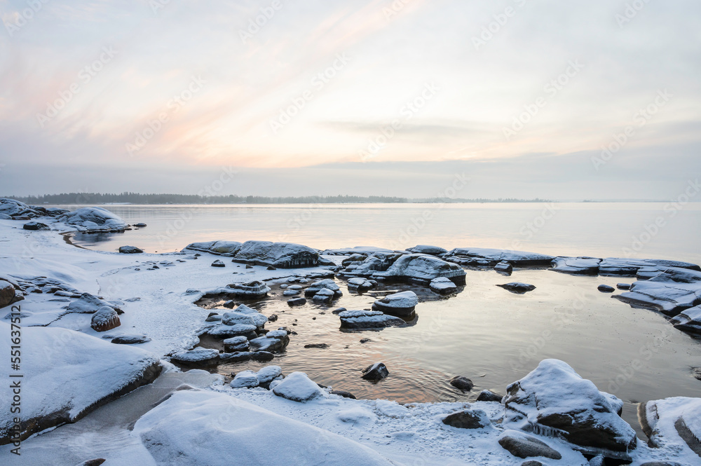 Winter sunset over the sea, Finland.