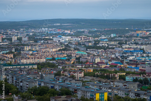 Morning cityscape. Top view of the buildings and streets of the city. Residential urban areas at dawn. Beautiful aerial city landscape. Petropavlovsk-Kamchatsky  Kamchatka Krai  Far East of Russia.