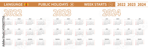 2022, 2023, 2024 year vector calendar in Spanish language, week starts on Sunday.
