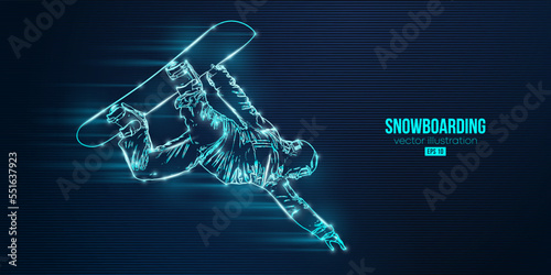 Abstract silhouette of a snowboarding on blue background. The snowboarder man doing a trick. Carving. Vector illustration