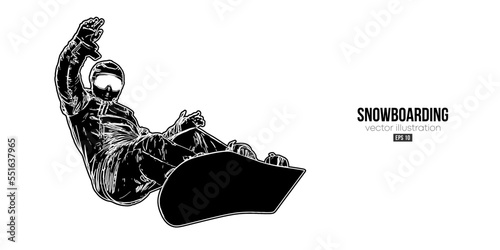 Abstract silhouette of a snowboarding on white background. The snowboarder man doing a trick. Carving. Vector illustration