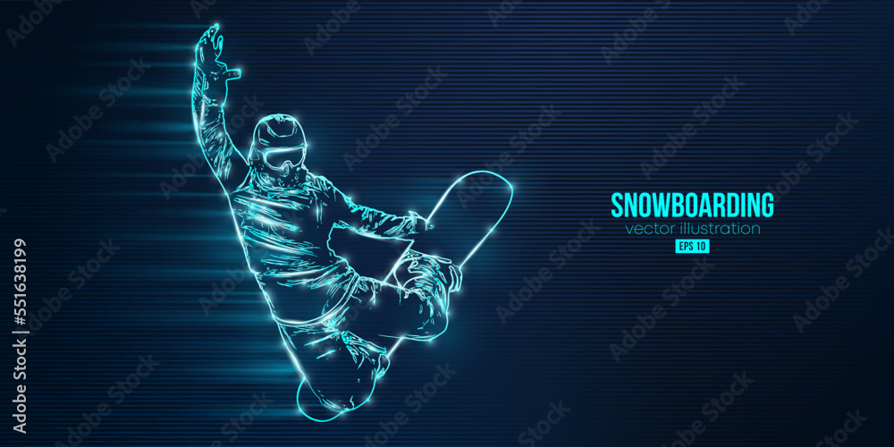 Abstract silhouette of a snowboarding on blue background. The snowboarder man doing a trick. Carving. Vector illustration