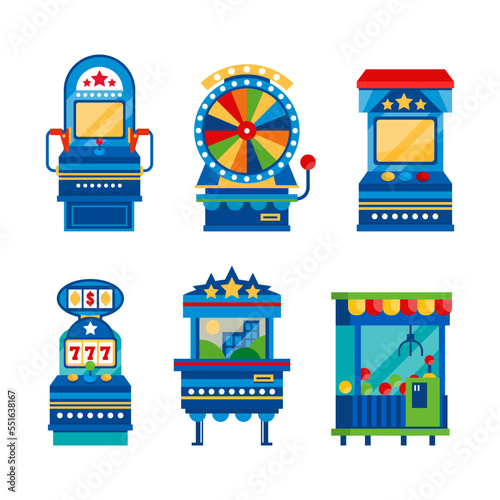Slot Arcade Gambling Machine with Lever and Button Vector Set