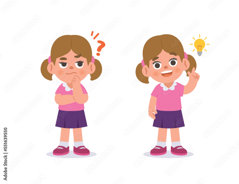 The white girl was confused, wondered, had a problem, and tried to answer and The girl figured out the answer to the problem. illustration cartoon character vector design on white background. The white girl was confused, wondered, had a problem, and tried to answer and The girl figured out the answer to the problem. illustration cartoon character vector design on white background.