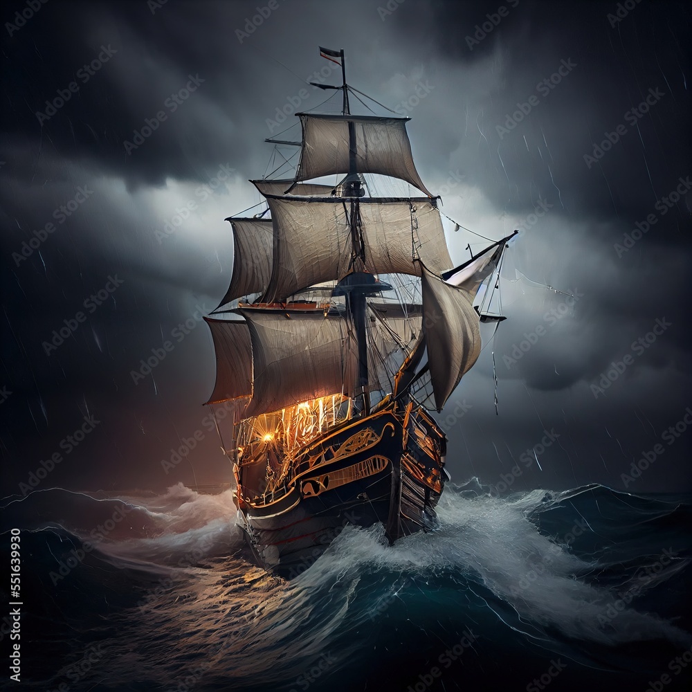 A pirate ship on the high seas during a storm. An old ancient pirate ...