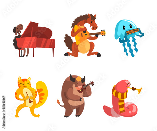 Funny Animal Character Playing Different Musical Instrument Performing Concert Vector Set