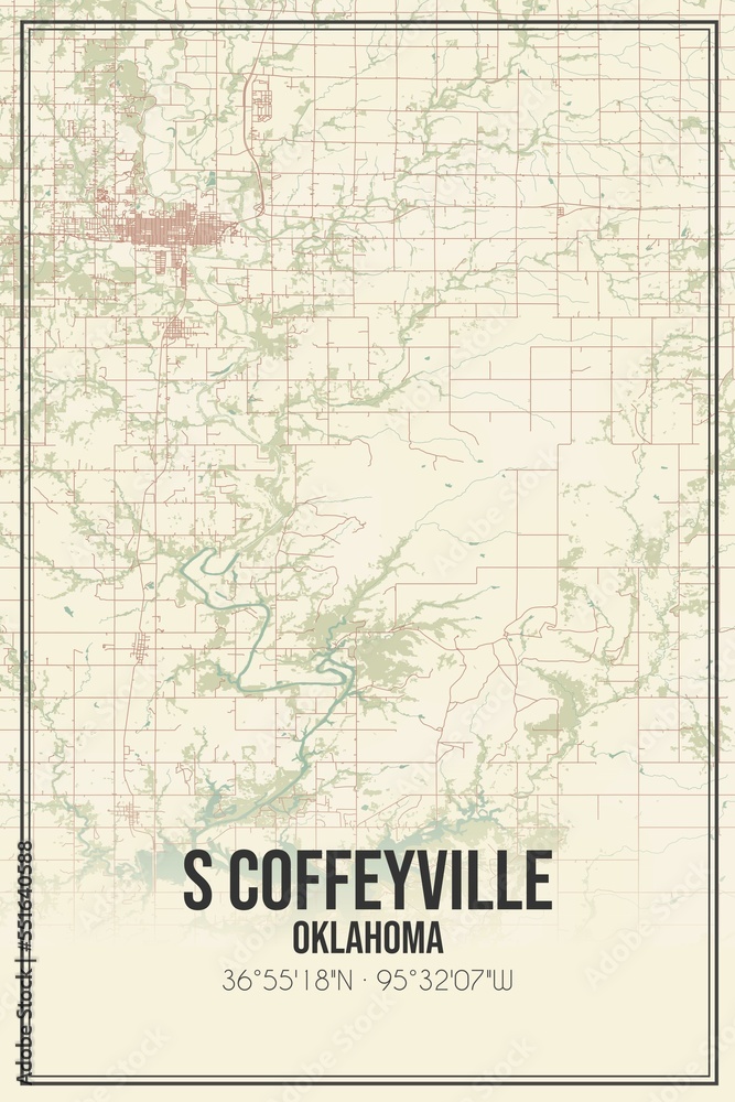 Retro US city map of S Coffeyville, Oklahoma. Vintage street map.