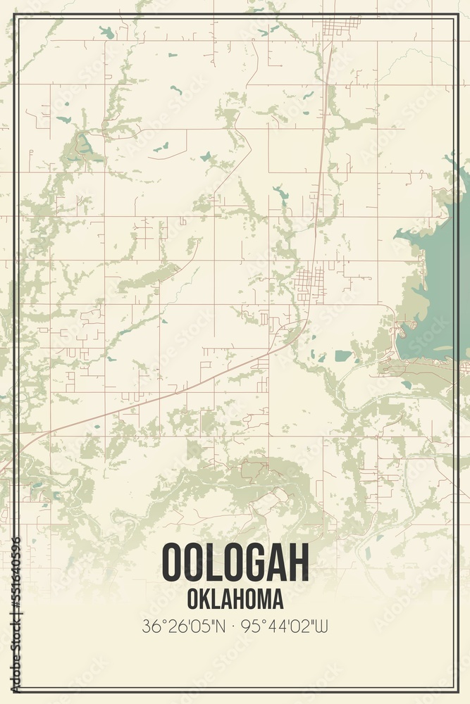 Retro US city map of Oologah, Oklahoma. Vintage street map.