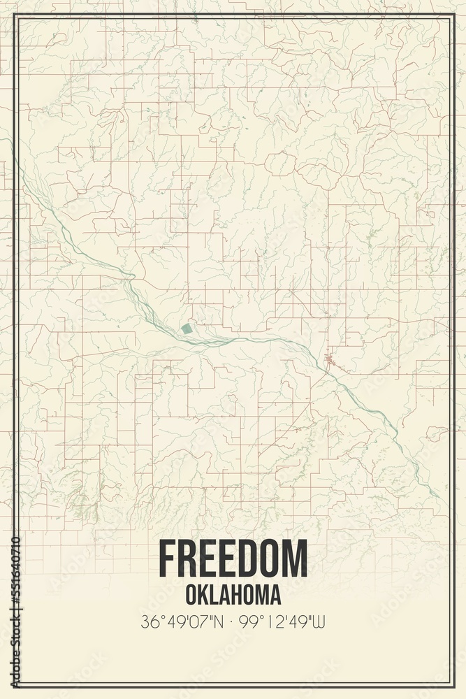 Retro US city map of Freedom, Oklahoma. Vintage street map.