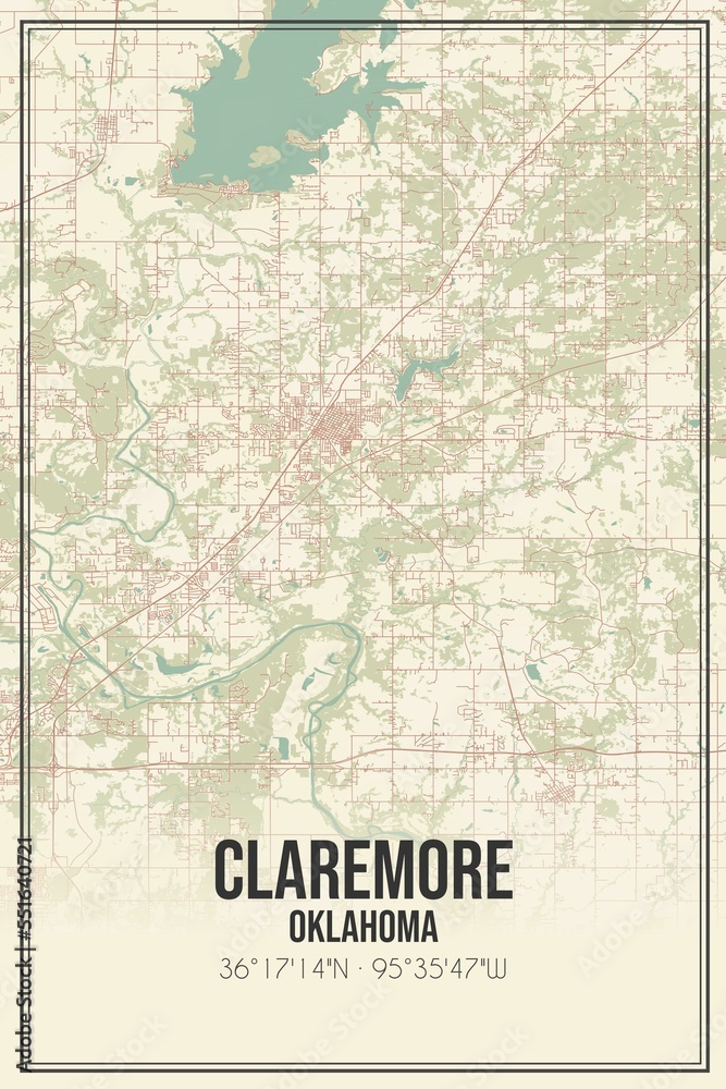 Retro US city map of Claremore, Oklahoma. Vintage street map.