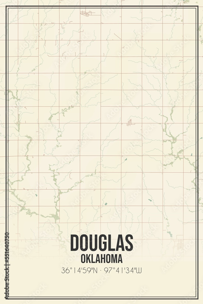 Retro US city map of Douglas, Oklahoma. Vintage street map.
