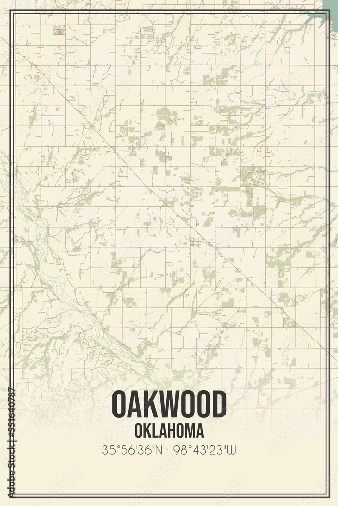 Retro US city map of Oakwood, Oklahoma. Vintage street map.